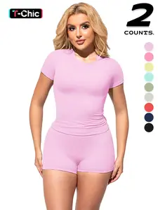 2PCSWomen's Solid Color Short Sleeve Tee & Shorts Set, Breathable Workout Running Clothes Gym Yoga Running, Comfortable Sportswear for Women Workout Running Outfits, All Season Activewear