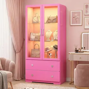 Display Cabinet with Acrylic Doors, Modern Storage Cabinet with LED Lights, Bookcase with Drawers & Adjustable Shelves, 3-Tier Curio Cabinet for Living Room, Home Office