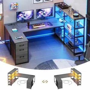 Sikaic 64.5 inches Reversible Gaming Desk Grey Furniture Table Dual Monitor Riser