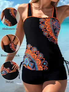 Women's Two-Piece Tankini Swimsuit Set, Ethnic Style Floral Trim, Thick Shoulder Straps, Gathered Bow Tie, Slimming Fashion Casual Swimwear, Shaping Swimsuit, Flower Print Tankini