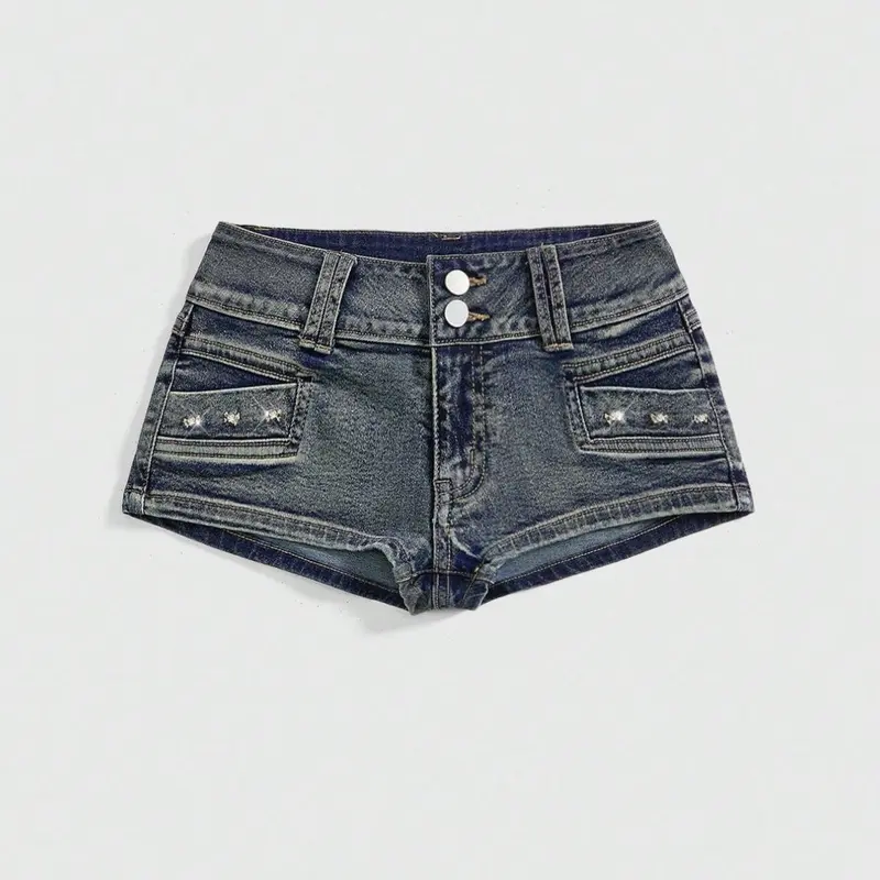 Punk Rock Style Vibe Summer Carnival Party Casual Women's Slim Mini Shorts, Korean Retro Vintage Skull Rivet Crop, Back-To-School, Bottoms