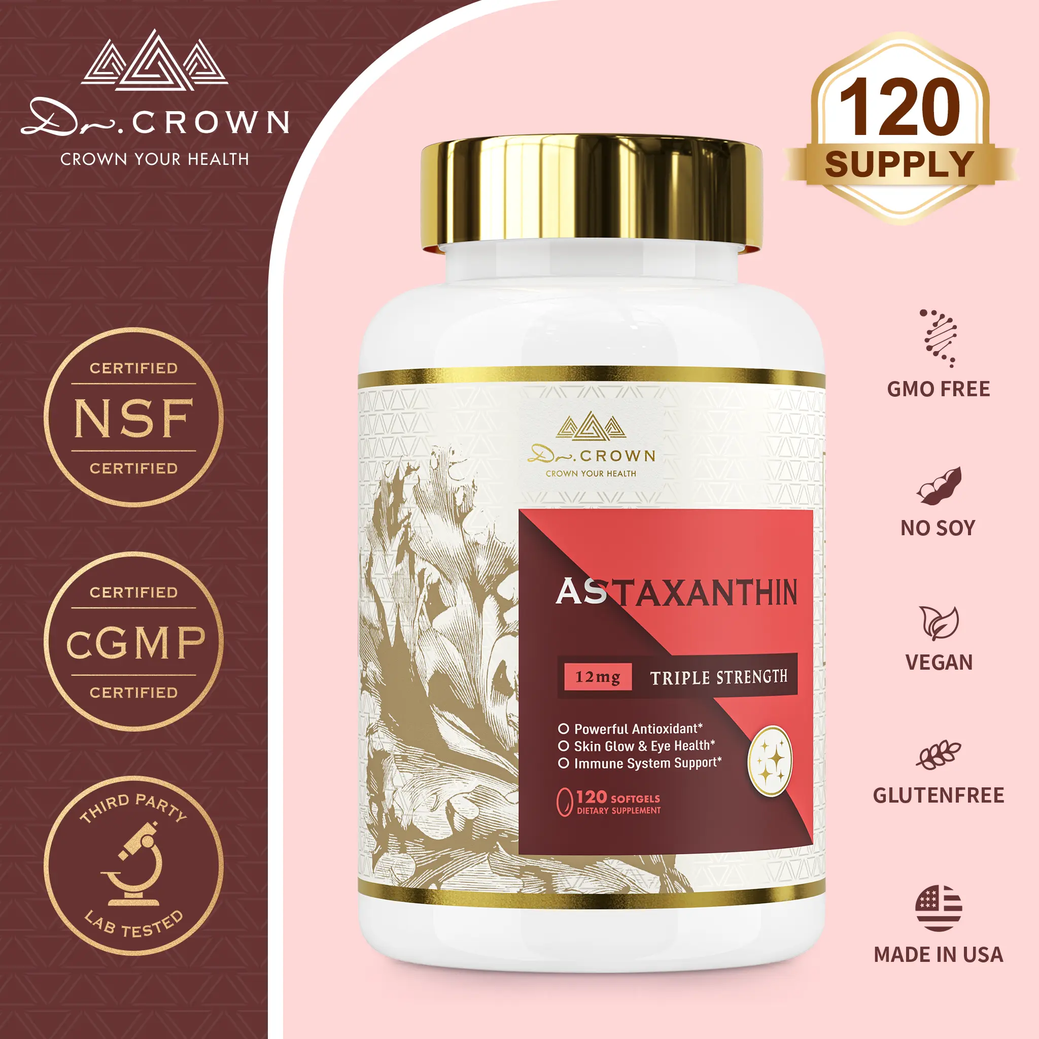 Dr. CROWN GMO-Free Astaxanthin 12mg Premium Antioxidant Supplement - 120 Softgels for Skin, Eye, Brain Health