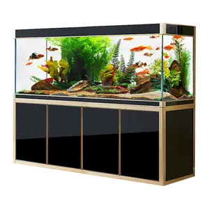 Aqua Dream 220 Gallon Tempered Glass Aquarium Black and Gold Fish Tank Enclosure with LED Light Cover & Built-in Sump Filtration System - Fishtank