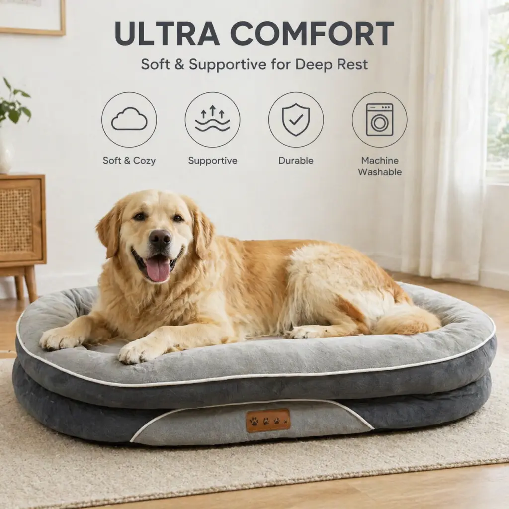 XL/2XL/3XL Orthopedic Dog Bed, Extra Large Dog Bed, Dog Sofa for Large Sized Dogs with Full-Surround Bolsters, Dual-Sided Dog Cooling Bed with Memory Foam, Washable Sofa with Nonslip Bottom, Light Grey
