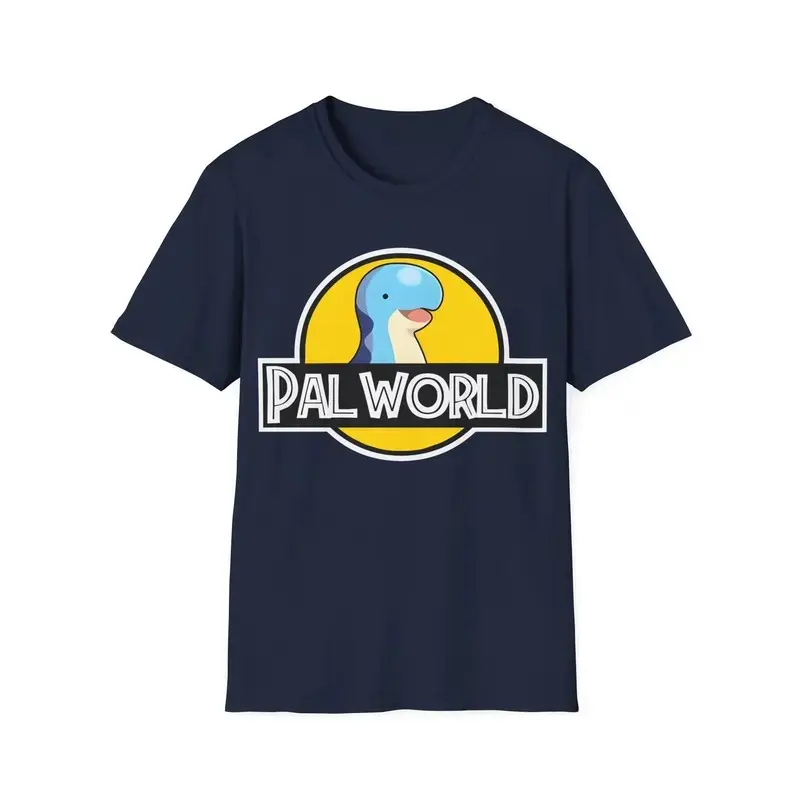 Palworld Shirt Pal Park Dinosaur Tshirt Chillet Monster Tee Jurassic Gamer Gift Retro Indie Game Merch Unisex Combed Cotton Navy Blue Graphic Crewneck Streetwear