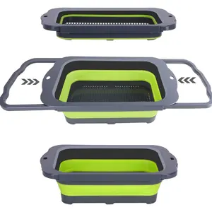 Collapsible Over Sink Silicone Colander, 9 Quart (8.5L) Extra Large Kitchen Strainer with Extendable Handles, for Veggies, Fruit and Pasta, BPA Free