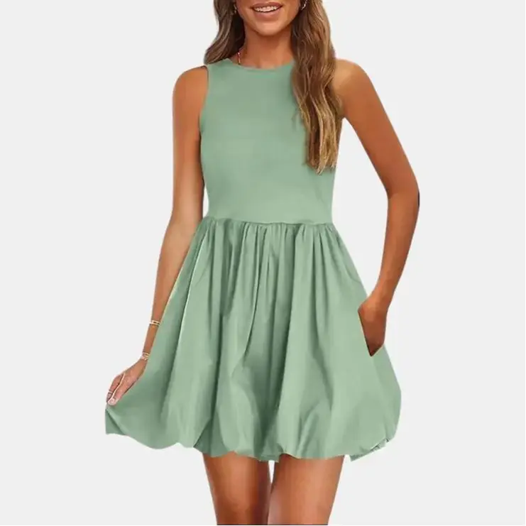 PrettyGarden Summer Short Bubble Dresses for Women Casual Sleeveless Tank Mini Dress Crew Neck  Sundress with Pockets