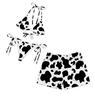 Matching Couple Swimwear Set, Trendy Cow Print Beach Bikini with Swim Trunks, Cool Gift for Beach Lovers