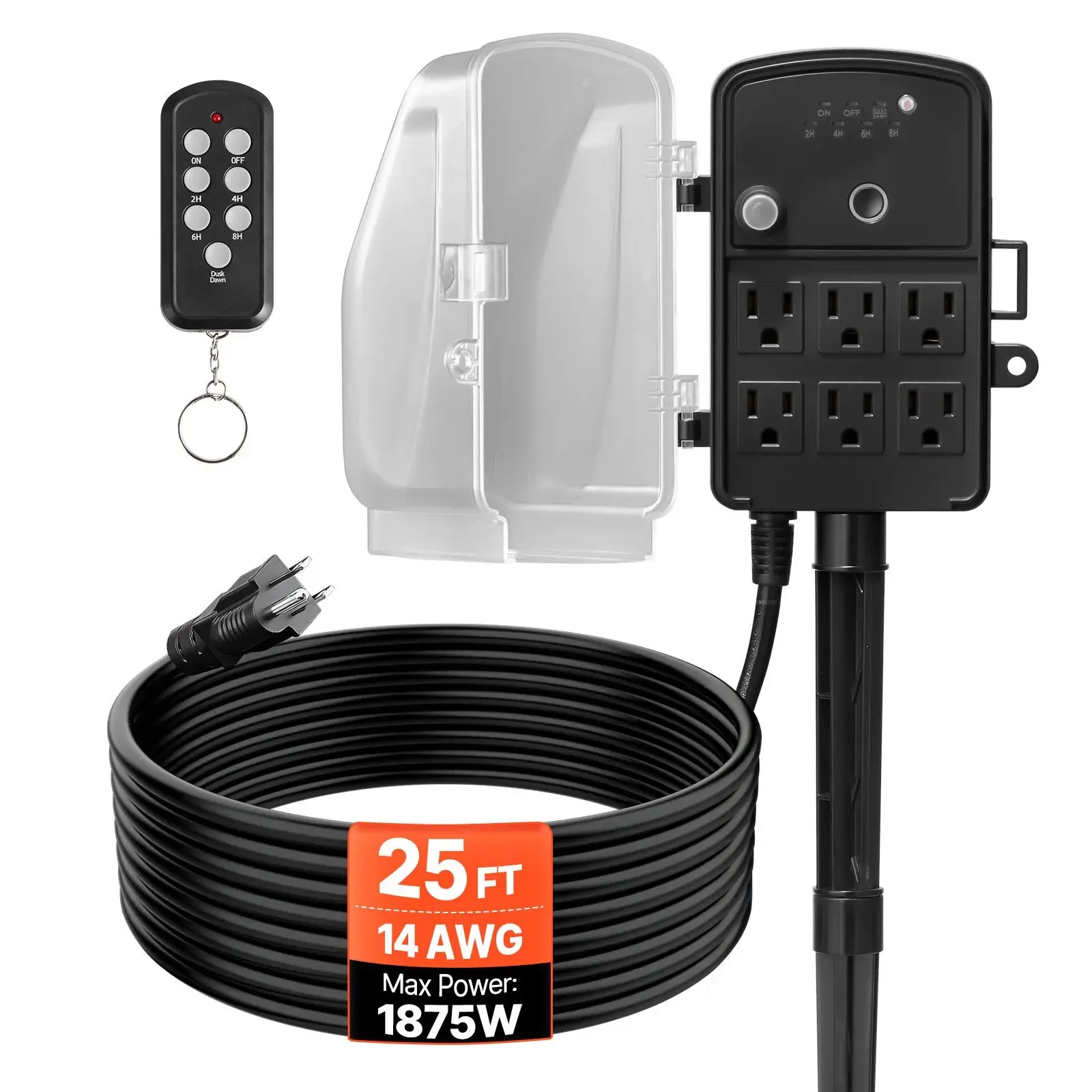 【Summerfinds】VEVOR Outdoor Power Stake Accessories with 25FT Extension Cable, Weatherproof Cover, Remote Control, Dusk-to-Dawn Timer, 6 Multiple Outlets, 1875W/15A Plug for Christmas Lights, Garden Devices