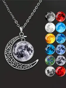 1pc Full Moon Pattern Necklaces Glass Dome Multicolor Moon Crescent Pendant Necklace for Men Women Astronomy Jewelry Gift Jewelry Accessory Exquisite Jewelry Gift