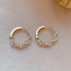 Pair Gold Tone Fashion Earrings, Elegant Pearl-Like Design, Minimalist Women’s Everyday Jewelry