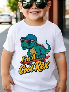 Street Style Dinosaur Boy T-Shirt, Cool Rex Slogan, Loose Fit, Perfect for & Dinosaurs-Themed Parties, Trendy Kids Clothing