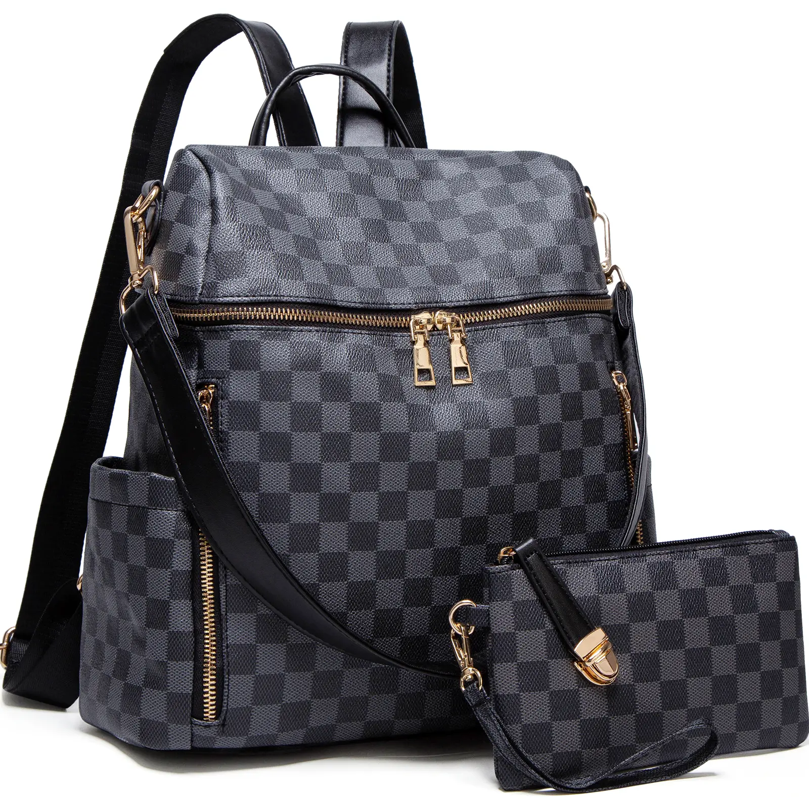 DAREIN Women's PU Leather Convertible Backpack Purse - 3-Piece Checkered Luggage Bag Set with Earphone Port, Everyday Purse Shoulder Bag for Travel, Bags summerwins,summerwins