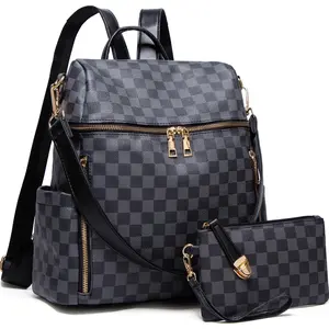 Backpack Purse for Women PU Leather Travel Satchel Handbag Convertible Design Bag 3 Pieces with Earphone Cord Port Checkered Pattern