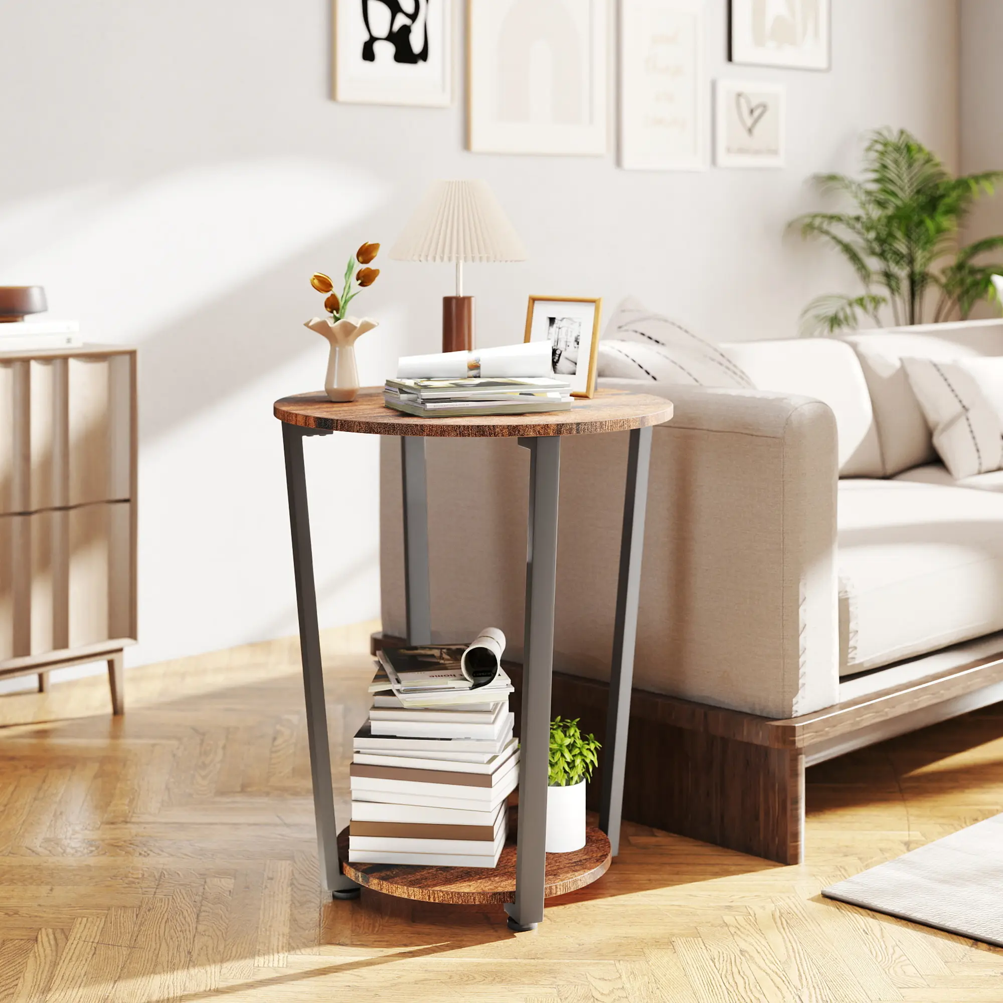 MURAGO Modern Round End Table - 2-Tier with Wood Top & Stable Metal Base, Elegant Round Shape Elevates Decor, 2-Level Item Staging for Living Room, Bedroom Indoor Furniture