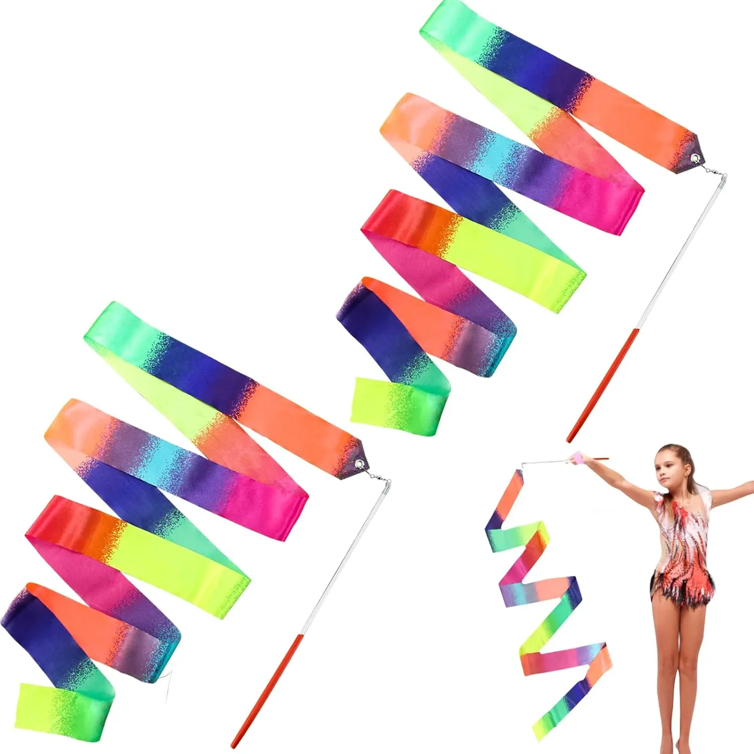 2-Pack Colorful Rainbow Gymnastics Dancer Wands, 78.74in Rhythmic Gymnastics Rods with Soft Twirling Streamers for Unisex Kids & Adults Artistic Dancing (Sports & Outdoor Leisure Equipment), Gymnastics Dancer Wand