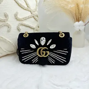 Pre-owned GUCCI Black Matelasse Velvet Mini Crystals Embellished GG Marmont Shoulder Bag |18696117 WWL