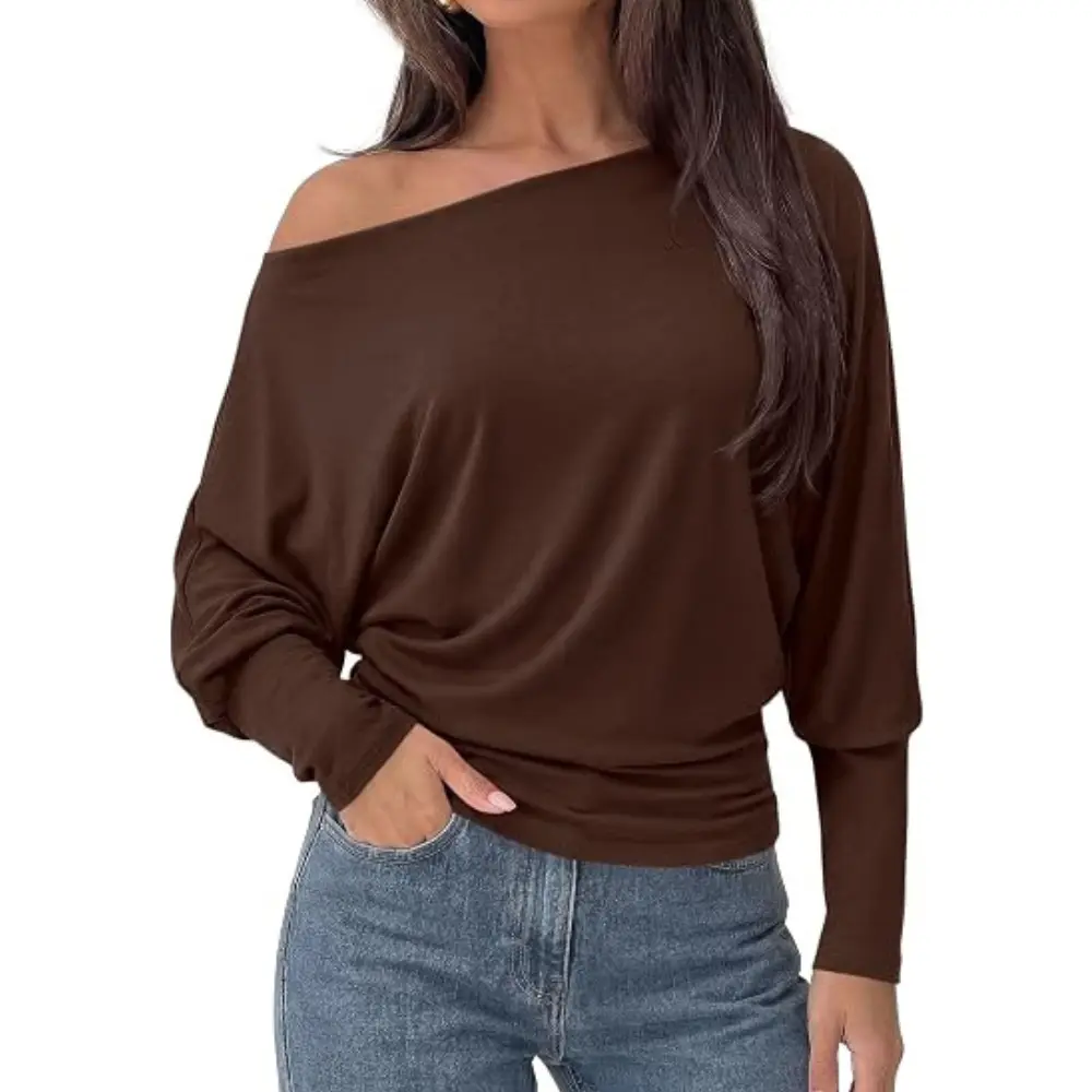 PRETTYGARDEN Womens Off Shoulder Batwing Long Sleeve Shirts | Asymmetrical Off The Shoulder Cinched Waist, Soft Dressy Casual Blouse, Going Out Tops, Transitional Fall & Spring Wear