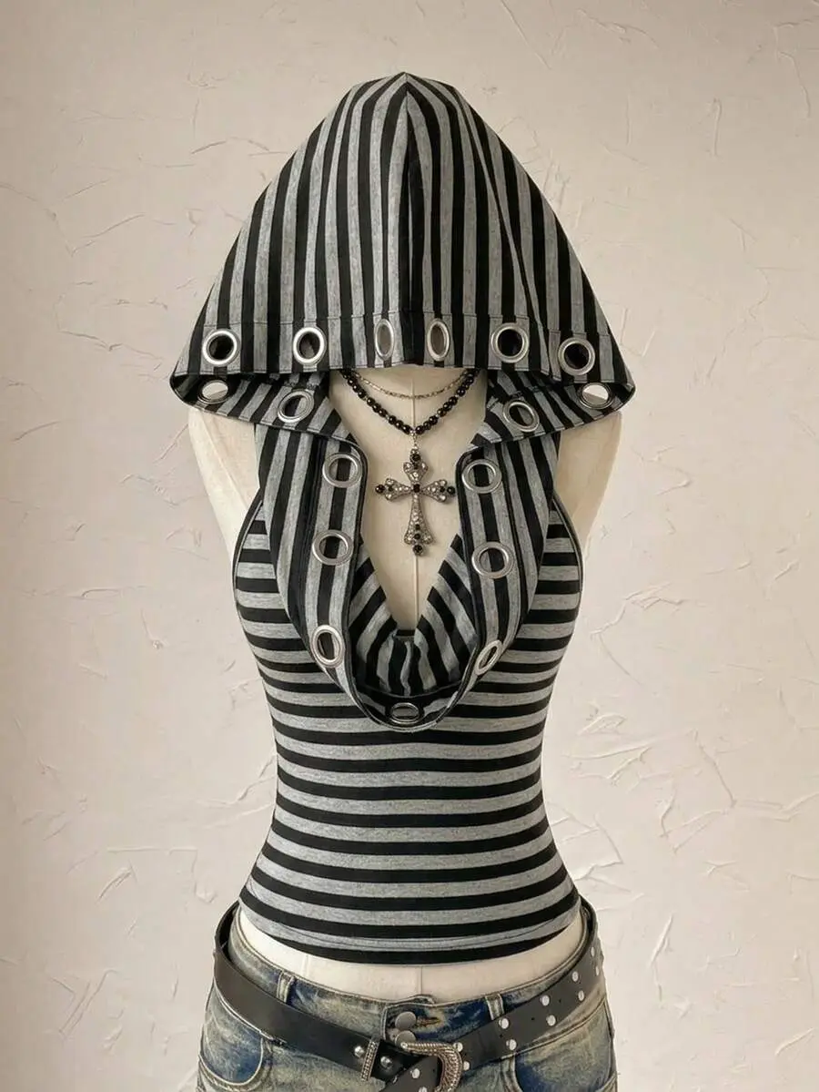 VELORA x Attitoon Casual Minimalist Street Style Vintage Punk Black & Grey Striped Women's Top With Eyelet Decoration, Suitable For Spring/Summer Music Festivals