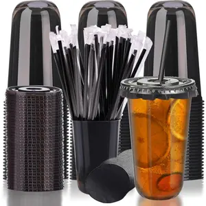 18oz Disposable Stemless Glasses with Flat Lids and Straws,PET Disposable Drinking Cups,Clear Plastic Wine Glasses for Parties Birthday,Wedding,Meeting,Christmas Party Supplies. (50, Black)