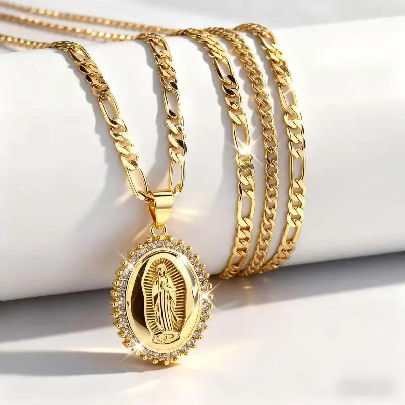14K Gold Plated Virgin Mary Pendant Necklace, Cubic Zirconia Border Oval Guadalupe Medal Figaro Chain Necklace Religious Jewelry Gift for Men Women