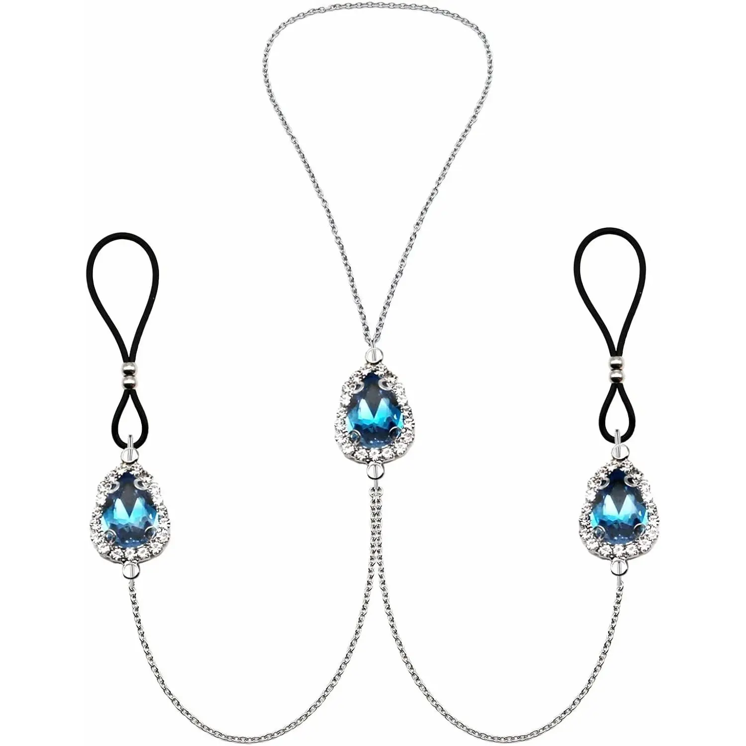 Non-Piercing Teardrop Rhinestone Water Drop Nipple Ring with Bling Chain Noose & Heart Choker Necklace, Body Piercing Jewelry