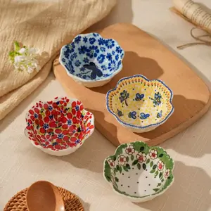 Bohemian Style Ceramic Dipping Sauce Dish Set, Creative Petal Edge Condiment Bowls, Multi-Functional Soy Sauce Vinegar Snack Plates Kitchen Utensils Tableware