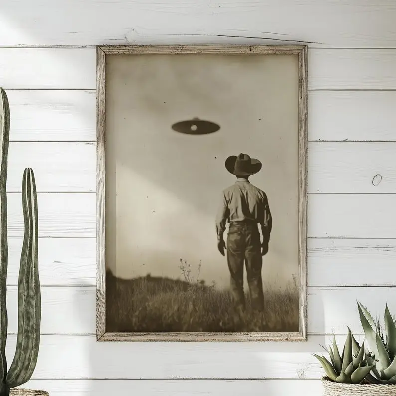 Vintage Sci-Fi Western UFO Cowboy Graphic Print Unframed Paper Poster, Unframed Wall Art, Space-Themed Tube Art, Americana Alien Home Decoration (11x17, 12x18 Sizes)