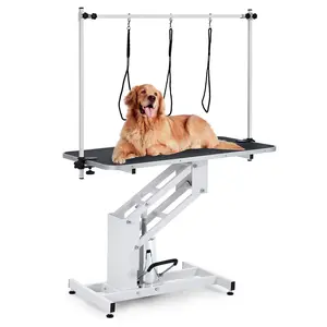 【GARVEE】43.3" Hydraulic Dog Grooming Table for Pet, Heavy Duty Structural Hydraulic Max Load 350Lbs Professional Pet Grooming Table with Adjustable Overhead Arm & Noose Height Range 22''-39'' - White