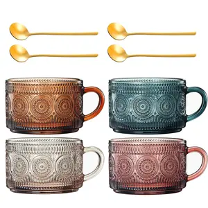 Colored Vintage Coffee Mug Set | Set of 4 | 15oz Unique Flower Hobnail Glasses, Overnight Oats Container with Gold Spoons - Embossed Cups Cute Coffee Bar Accessories, Glassware (Muted)