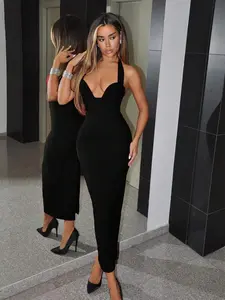 Women’s Elegant Bodycon Maxi Dress – Cut-Out Neck with Backless Design