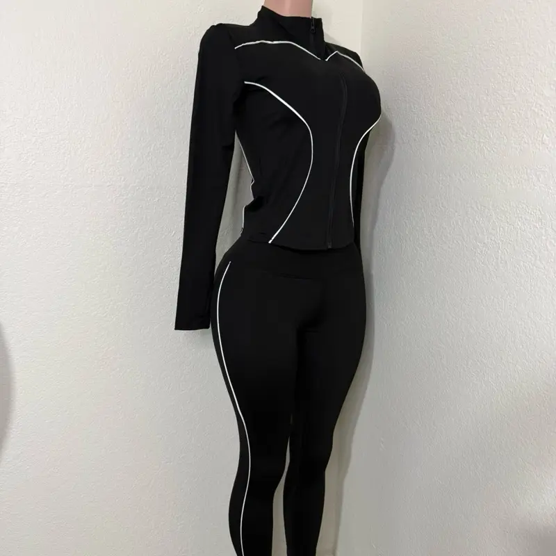 Active Wear Jacket and Leggings - Black with White Piping for Comfort and Style