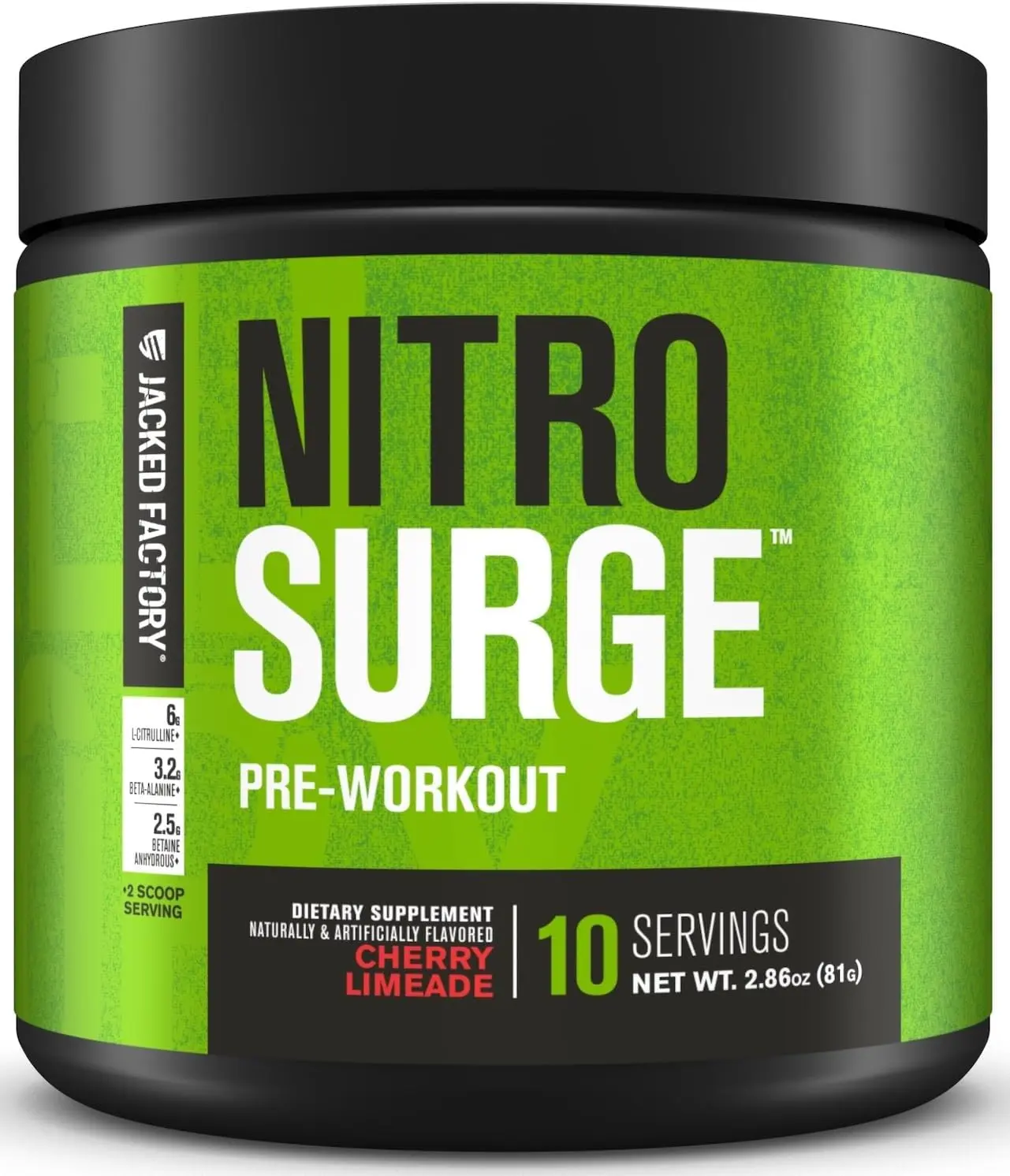 Jacked Factory NITROSURGE Edible Pre-Workout Dietary Powder - High-Performance Fitness Supplement with Beta Alanine, L-Citrulline, Energy Boost, Intense Pumps - Prop 65 Safe, Cherry Limeade Flavor, 10 Servings for Muscle Support