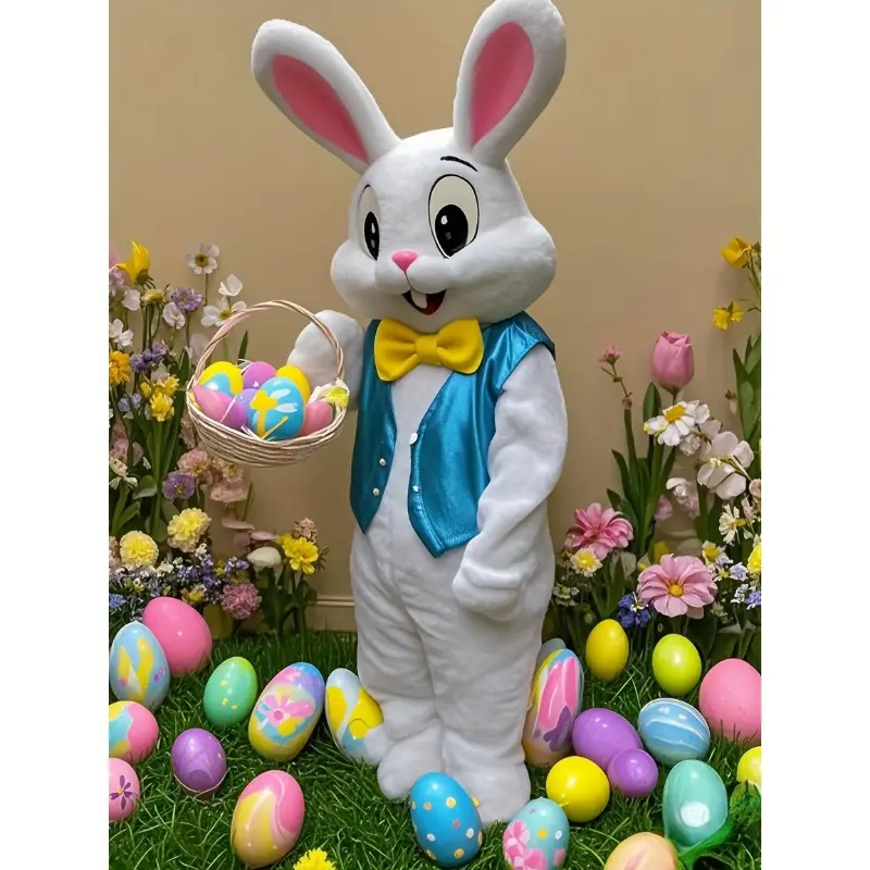 Adult Easter Bunny Mascot Costume - White Rabbit Cartoon Party Dress with Blue Overalls & Bow Tie, Polyester Performance Suit for Festive Celebrations, Performance Outfit | Cartoon Bunny Costume | Polyester Suit