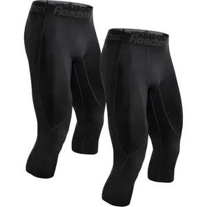 2 Pack Men's 3/4 Compression Pants, Athletic Basketball Workout Tights Leggings, Sport Running Spandex Base Layer
