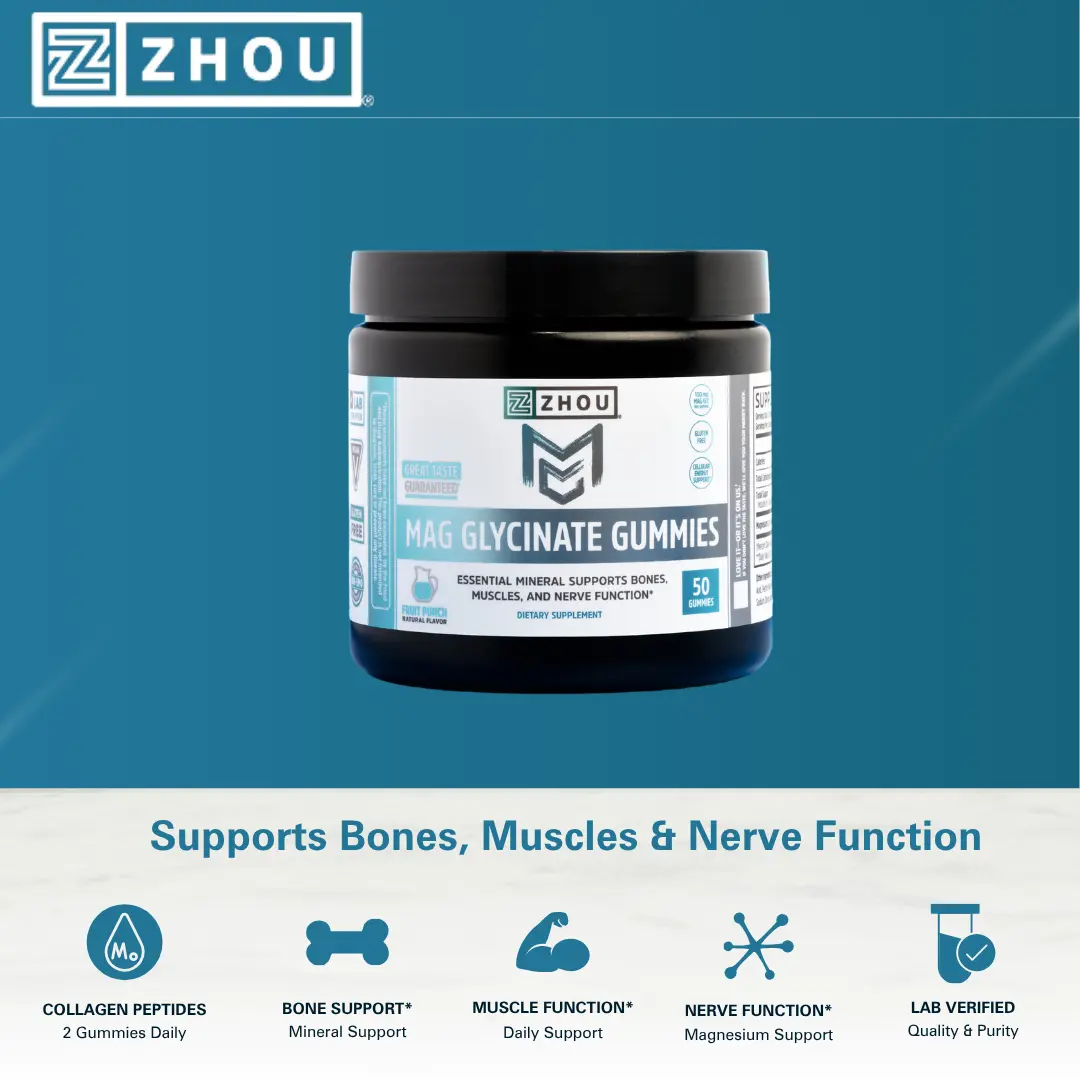 Zhou Mag Glycinate Gummies for Adults – Magnesium Glycinate Supplement with 100 mg Magnesium for Relaxation, Muscle & Nerve Support