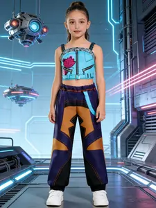 Kpop Set: Short Tank Top + Long Pants, Digital Print Jacket, Colorblock Skirt, Halloween Party Costume, Loose Fit, All Seasons