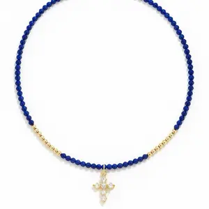 Lapis Lazuli Beaded Cross Choker Necklace - Semiprecious Stone Casual Jewelry Accessory for Women, Stylish Necklaces