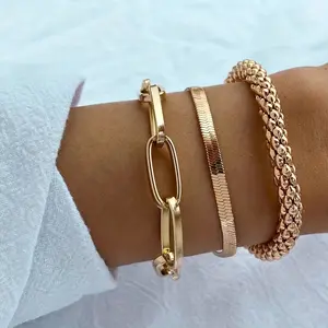 [Golden Chain Bracelet] Trendy European And American Accessories: Hot-selling Multi-layer Snake Bone Chain Bracelet Set, Creative Vintage 3-piece Golden Chain Bracelet For Women
