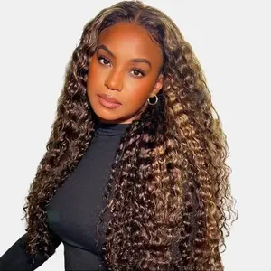 DOLLY PRETTY  Highlight Ombre Deep Curly Wig 5x5 Water Wave Lace Front Ombre 150% Density Curly Lace Frontal Wig for Women