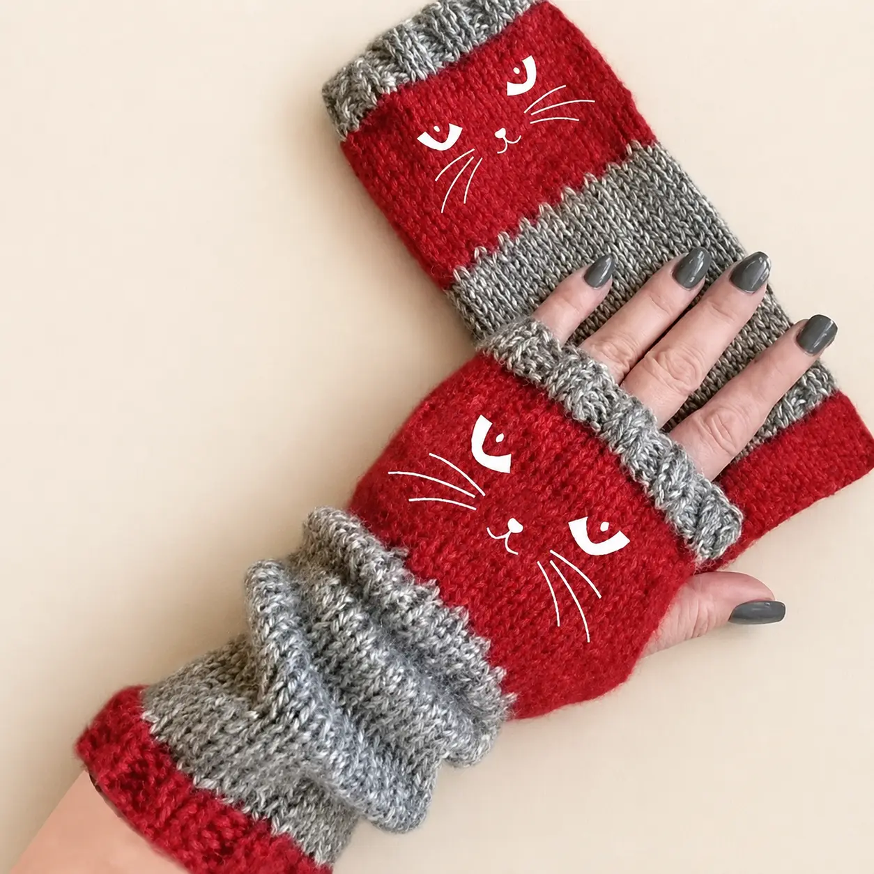 Women’s Fingerless Knitted Gloves - Hand-Crocheted Embroidered Gloves with Cat Cartoon Design, Fashion Splicing Details, Warm Cashmere Accessory for Everyday Wear