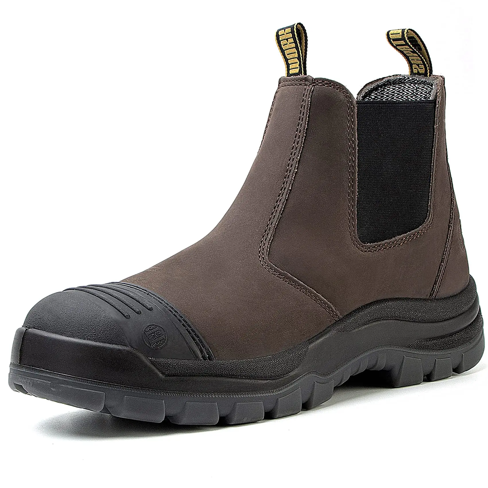 HANDPOINT Men's 6" Waterproof Work Boots, Soft Toe Slip-On Safety Boots, Slip Resistant Kevlar Sole Static Dissipative Work Shoes, Dark Brown Leather