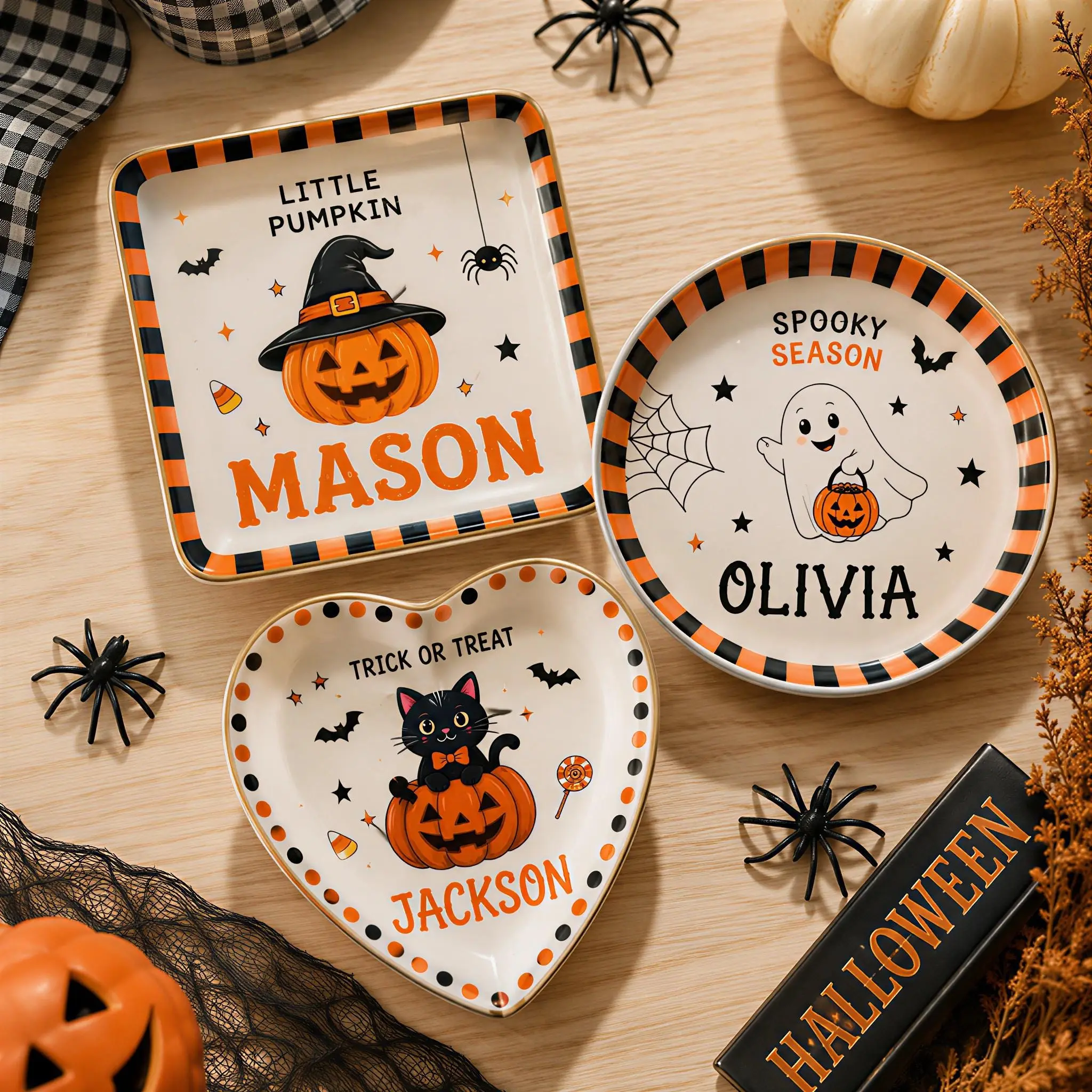 Personalized Halloween Ceramic Jewelry Tray, Halloween 2026 Decor, Custom Ghost Pumpkin Skeleton Ring Dish, Spooky Trinket Tray, Gift for Mom, Witch Cat Decor, Vintage Halloween Decor