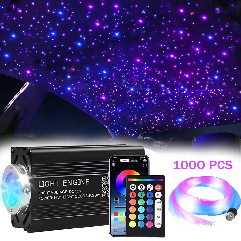 1000-Piece Starlight Roof Kit with PMMA Fiber Optics, Sound-Activated RGBW Twinkle Headliner Lights for Car Interior & Home Theater