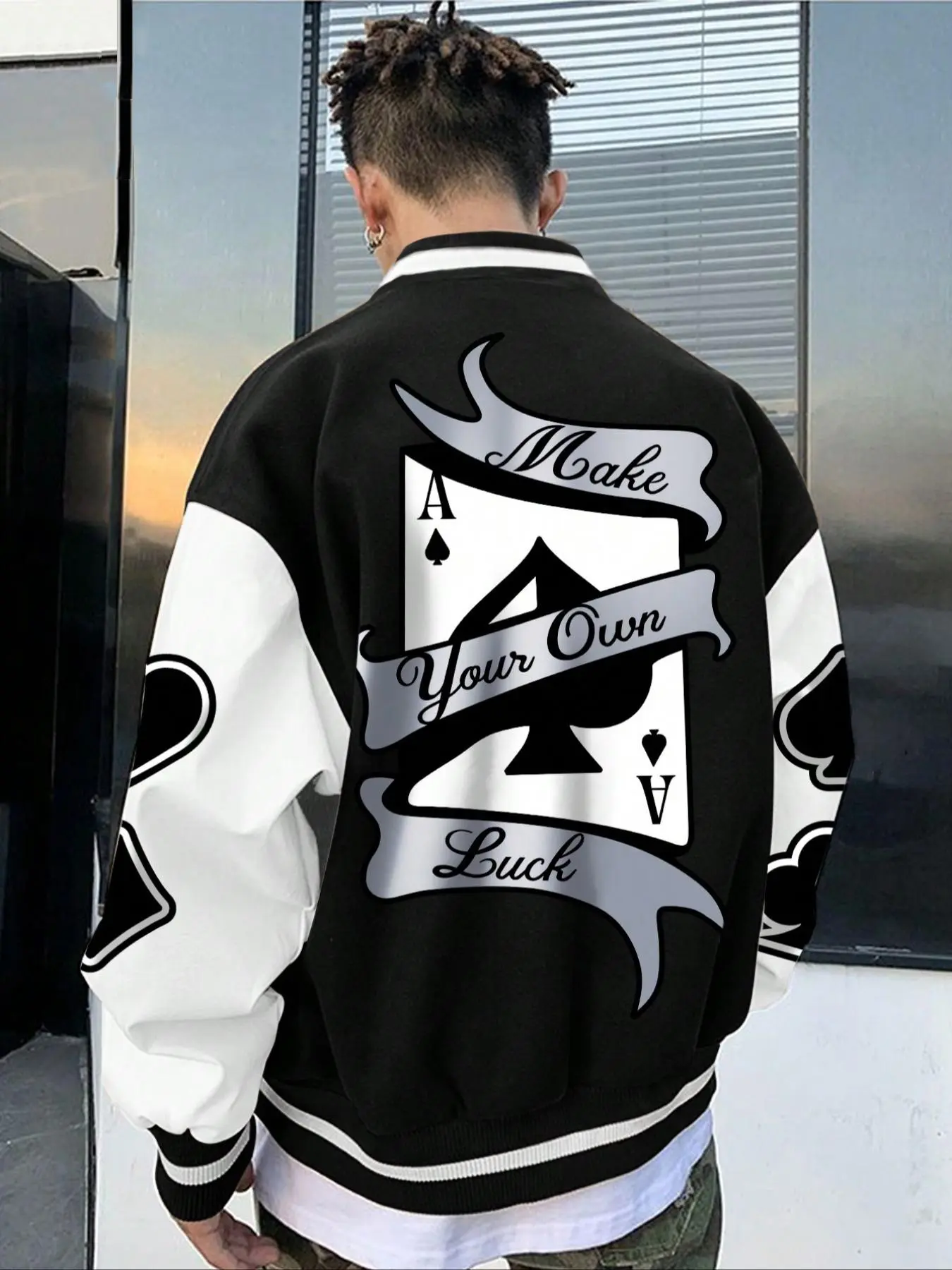 Men's Fall Winter Casual Sporty Baseball Jacket Coat, Letter Poker Print Color Block Team Jacket, Loose Fit Outdoor Dating Fashion Outerwear, Baggy