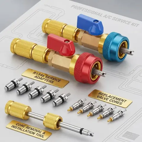 Valve Core Remover AC Repair Tool Set - Dual SAE 1/4 & 5/16 Fit, 20pcs Teflon Valve Cores, 10 Solid Brass Nuts, 0 Gas Loss, R1234YF R134A R22 R410A Compatibility, Quick Swap Kit for Car DIY Repairs (TikTokShop BlackFriday, Automotive Tools)