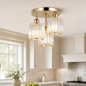ARCH Modern Semi Flush Mount Ceiling Light 3-Light Crystal Close to Ceiling Fixture Golden Clear Crystal Shade Kitchen Hallway Bedroom Bathroom Lighting Multiple Color Options, Black/Golden/Silver Color Options, Crystal Material, Color: Golden
