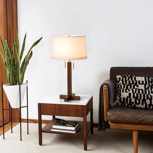 Swiss Cross Table Lamp - Dark Walnut Wood Finish, Weathered Brass, White Linen Shade