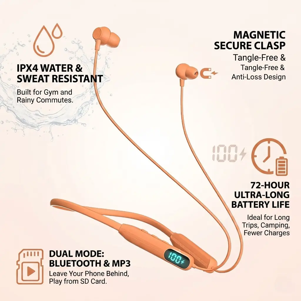 Wireless Neckband Earbuds, Bluetooth 5.3 Gaming In-Ear Headphones with 38ms Low Latency, 72H Playtime, IPX4 Waterproof, Magnetic Clasp, SD Card MP3 Player, LED Battery Display for Sports