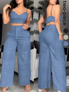 Two-piece Set Women's Solid Color Crop Cami Top & Wide Leg Pants, Casual Fashion Cozy Top & Trousers for Daily Outdoor Wear, Ladies Clothes for Summer Clothing Sets